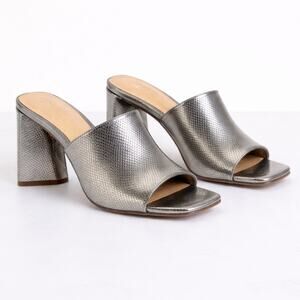 Schutz Lizah Silver Metallic Leather Square Toe Mule Sandals Block Heel 10 EU 41